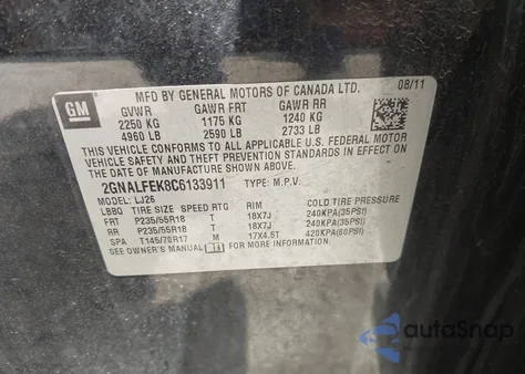 2012 Chevrolet Equinox Ltz z USA, uszkodzony, nr VIN 2GNALFEK8C6133911